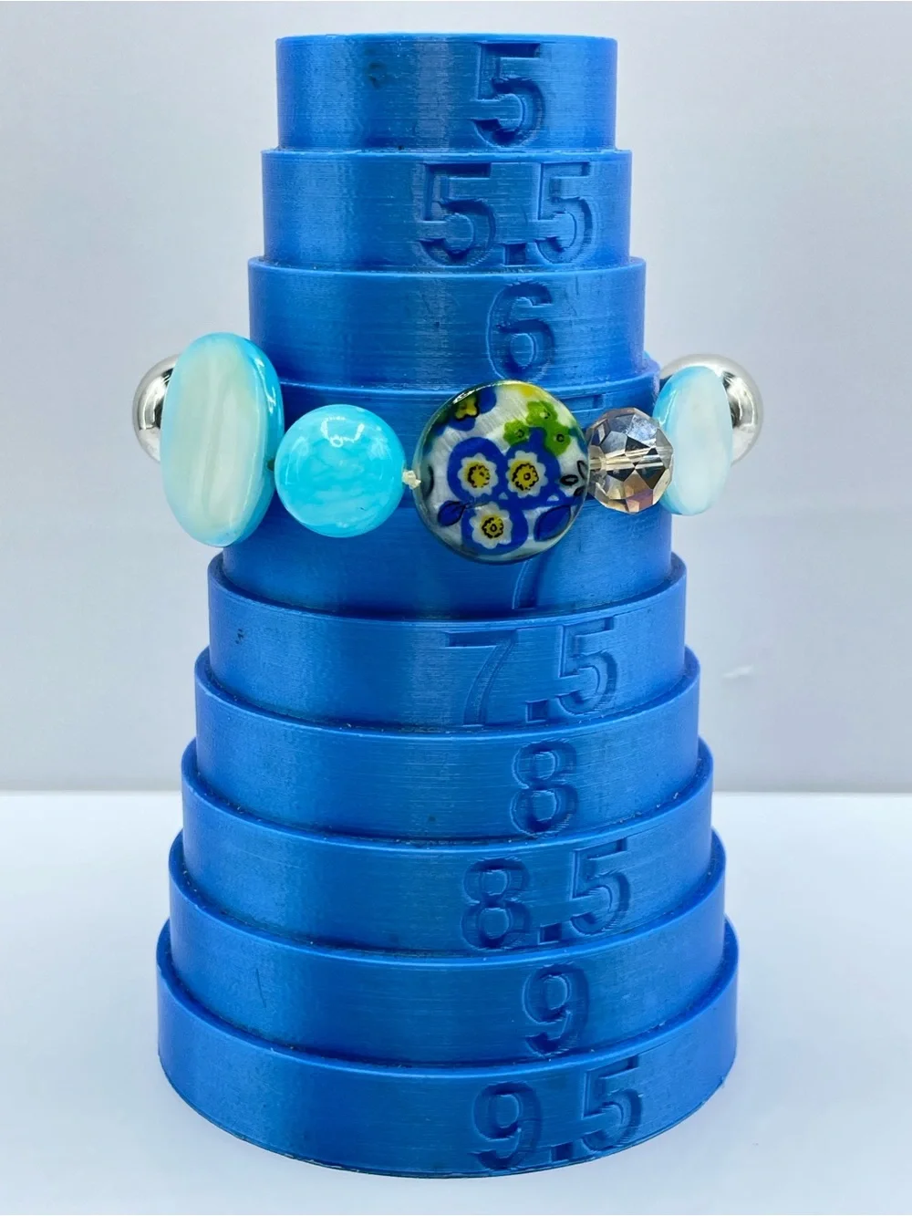 Blue Mother of Pearl Hollow Silver Beaded Stretch Bracelet Floral Boho
